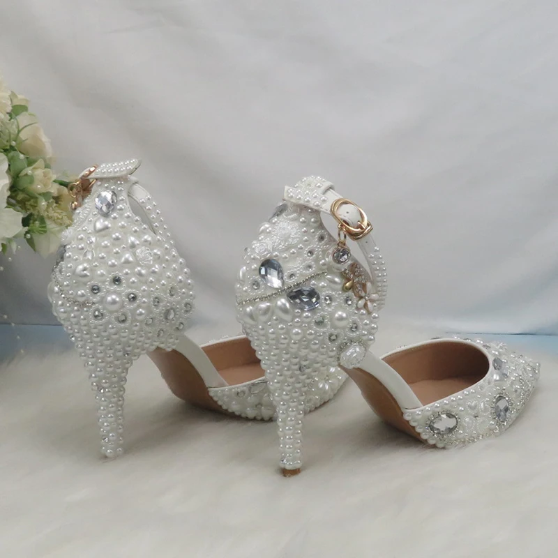 Womens Wedding Shoes Bridal Sandals Shoes Woman Thin Heel Crystal Party Dress Shoes Woman High Pumps white Pearl Wedding shoes