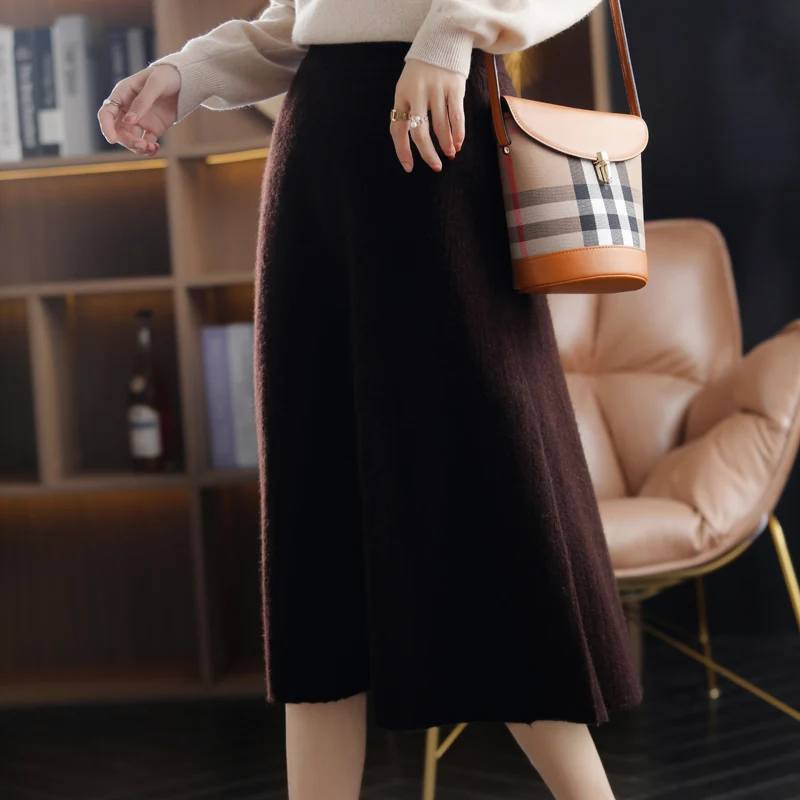 2021 Autumn New High-Waist 100%Pure Wool Pleated Long Skirt Women\'s Knit Base Skirt Fashion Pack Hip A-Line Cashmere Large Skirt