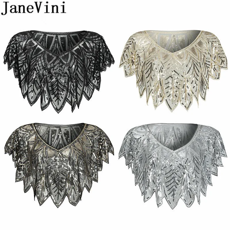 

JaneVini High Quality Beading Evening Cape Sparkly Sequins Boleros Bridal Wrap Stoles Tulle Shrug Jackets Wedding Short Top 2019