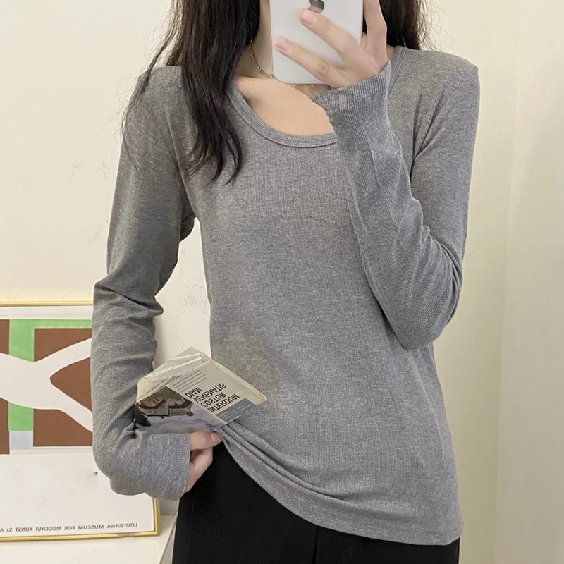 Tee Shirt Femme Solid Screw Thread T Shirt Women Spring Long Sleeve Top Poleras Mujer Slim Cotton Tshirt Korean Clothes Autumn