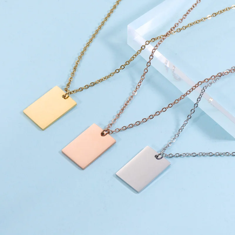 Laser Custom Name Logo Text Pendant Necklace Stainless Steel Rectangle Bar Cable Chain Necklace For Women's Men's Jewelry