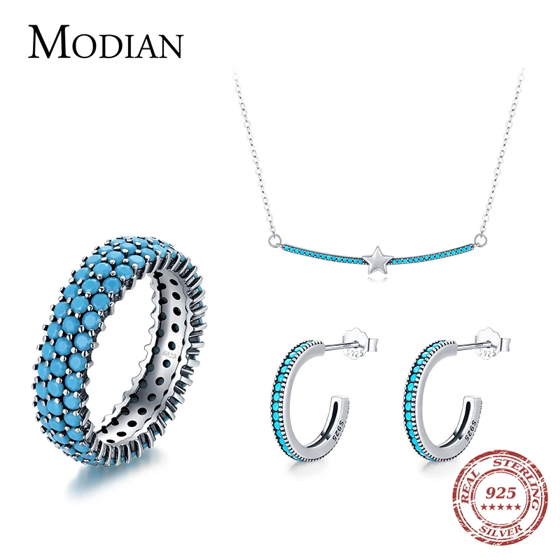 MODIAN Vintage Genuine 925 Sterling Silver Bohemian Style Turquoise Rings Necklaces Pendant Jewelry Sets For Women Fine Jewelry