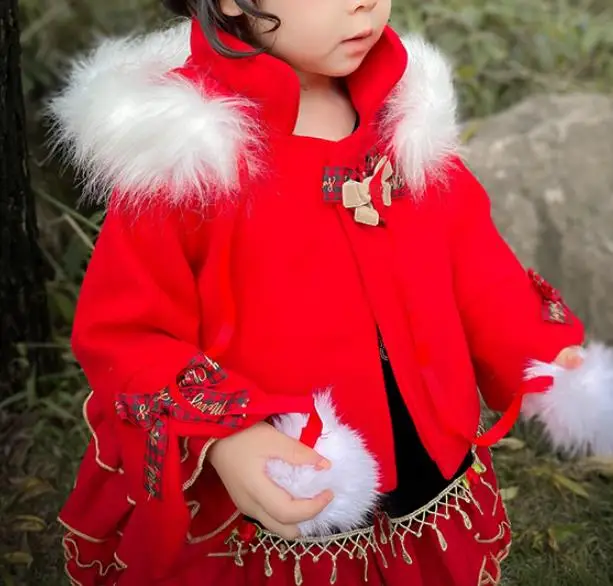 Spanish Girls Christmas Red Jacket Girls Warm Princess Woolen Coat Girls Cotton Lolita Cloack Baby Girl Winter