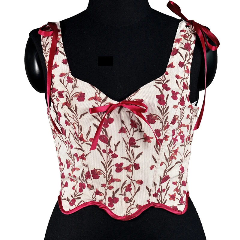 Waist Corset Women V-neck Floral Print Bowknot Petal Strap Short Bustier Tops Vest Body Shaper Sexy Slimming Camisole