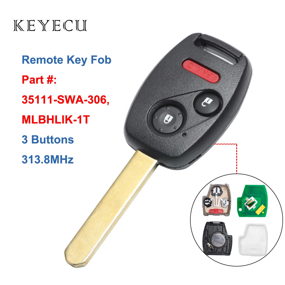 

Keyecu for Honda Accord Crosstour / CR-V / CR-Z / Fit / Insight Replacement Car Remote Key Fob 3 Buttons 313.8MHz, MLBHLIK-1T