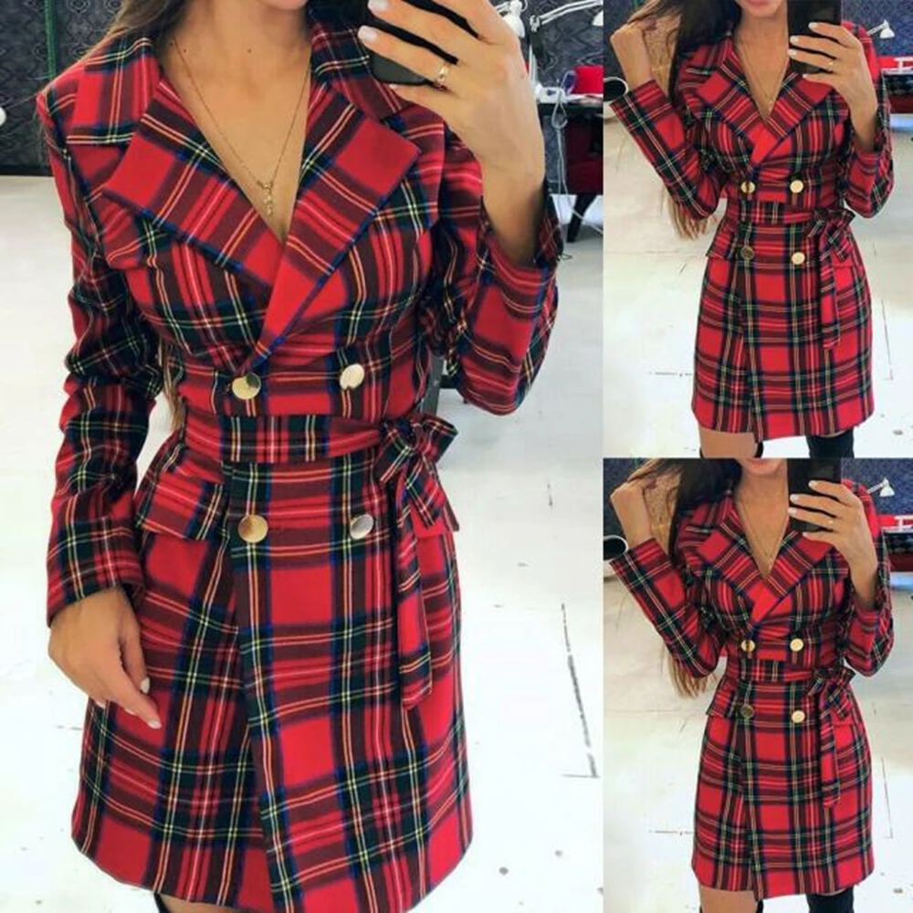 Vintage Red Check Women Suits In Stock Cheap Double Breasted Retro Blazer Dress High Quality Club Daily Casual Coat 1 Piece