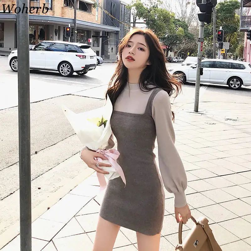 Woherb Fashion Women Fake Two Pieces Patchwork Knitted Dress Chic Korean Stretch Bodycon Dresses Female Spring Autumn Vestidos