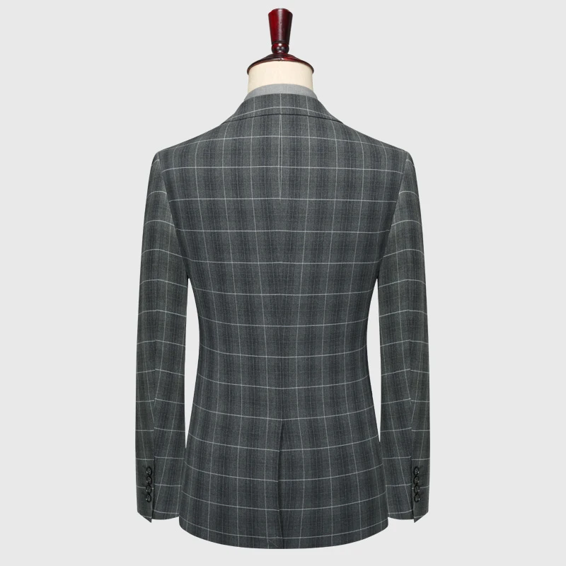 Grey Plaid Men Suits Set Slim Style For Wedding Groom Clothing Plus Size 58 Business Man Dress Casual Daily Wear