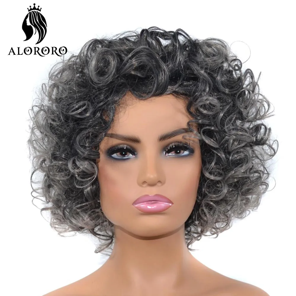 Alororo Afro Fluffy Short Curly Wigs for Black Women 12 Inches High Temperature Fibre Synthetic Wig Black Grey Wig