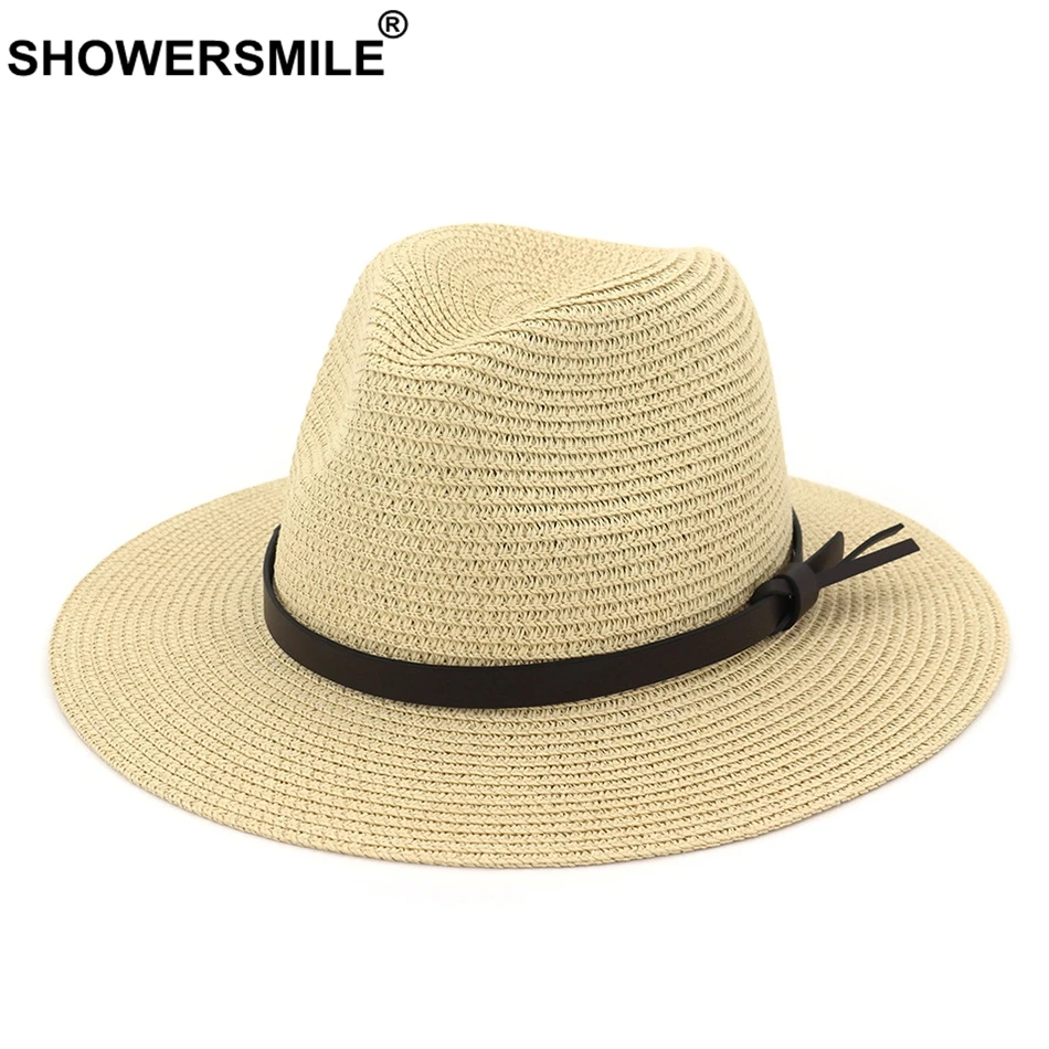 SHOWERSMILE Women Sun Hats Beige Paper Straw Panama Hat Female Beach Wide Brim Jazz Cap Summer Classic Ladies Brand Fedora Caps