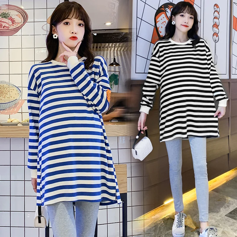 6062# Autumn Winter Striped Maternity Hoodies Chic Ins Sports Casual Sweatshirt Clothes for Pregnant Women Pregnancy Shirt Tops