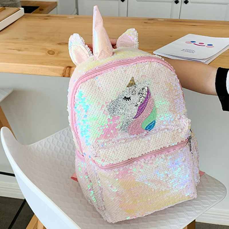 Pink Sequin Unicorn Backpack Lovely School Bag Large Shoulder Backpacks Girls 3D Student Mochila Book Bags Bling Animal Bookbag