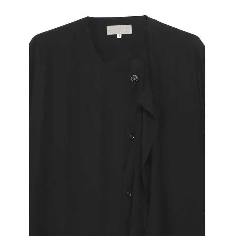 الربيع والخريف الرجال الحرير الاصطناعي الياقة المستديرة اليسار كاذبة طبقتين من التصميم غير النظامية نقية فضفاضة معطف طويل الأكمام