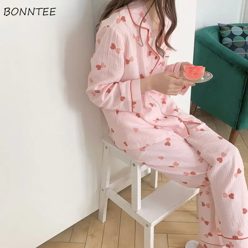 

Pajama Sets Women Autumn Lovely Girls Casual Full Length Trendy Pockets Turn Down Collar Bow-print Cozy Lounge Homewear New BF