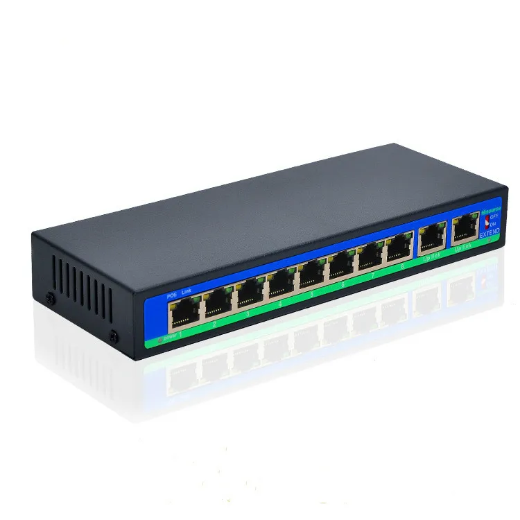 Commutateur ethernet poe à 10 ports, alimentation 8 + 2 ports, transmission longue distance de 250 mètres