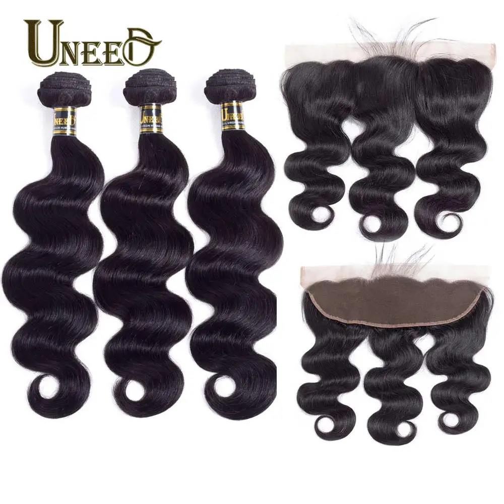 

Uneed Hair Bundles With Frontal Peruvian Body Wave Hair With 13x4 Lace Frontal For Black Woman 100% Human Hair Weave Extension