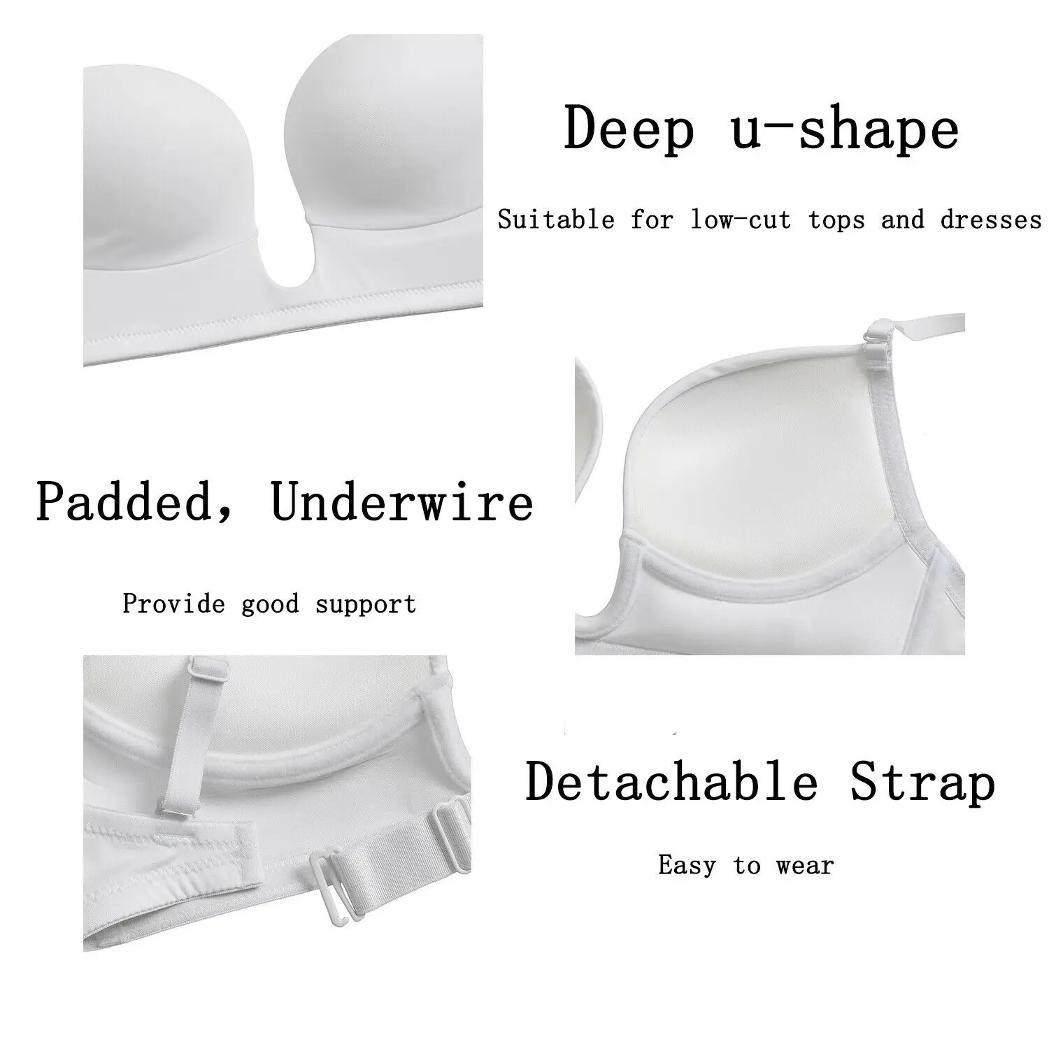 Vgplay Solid White Bra for Women Deep Plunge Brassiere Thin Triangle Cup Underwear Backless Adjusted Convertible Strap Women Bra