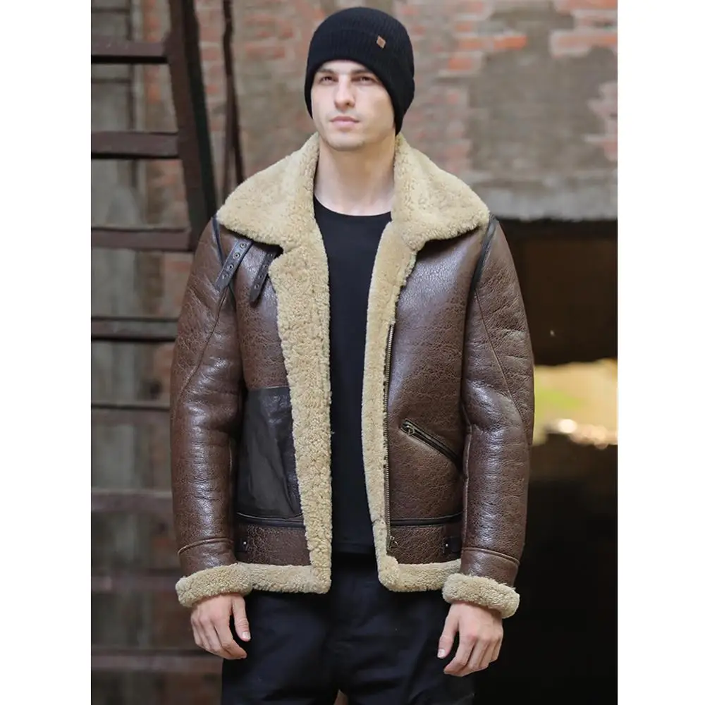 

2019 New Mens B3 Shearling Jacket Sheepskin Coat Fashion Short Leather Jacket Fur Jacket Mens Winter Coats