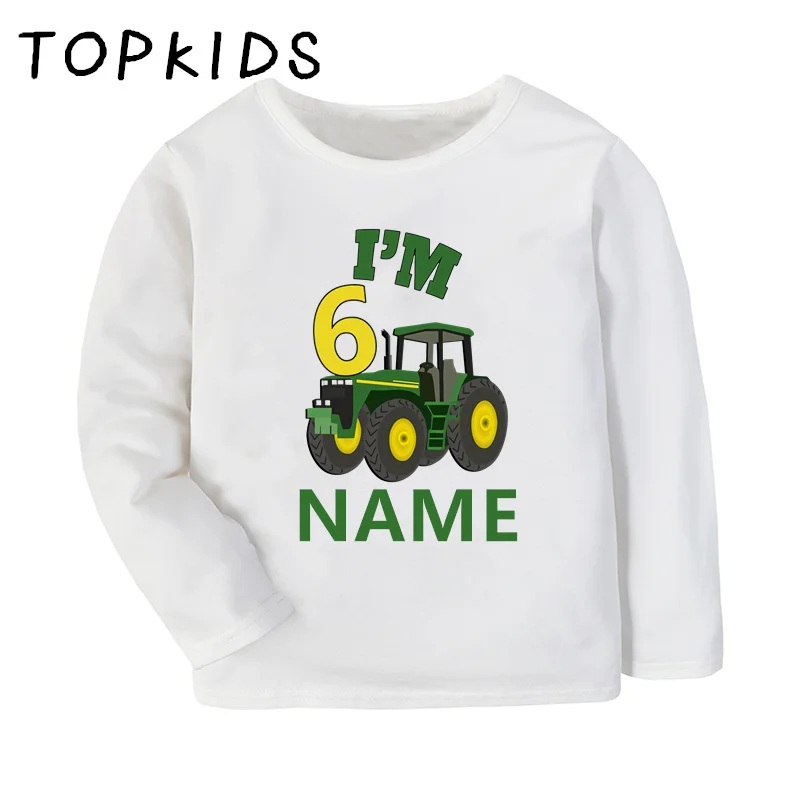 Farm Tractor Car Cartoon Boys T shirt 1 2 3 4 5 6 7 8 9 Years Birthday Customize Name Kids Long Sleeve T-shirts Girls Clothes