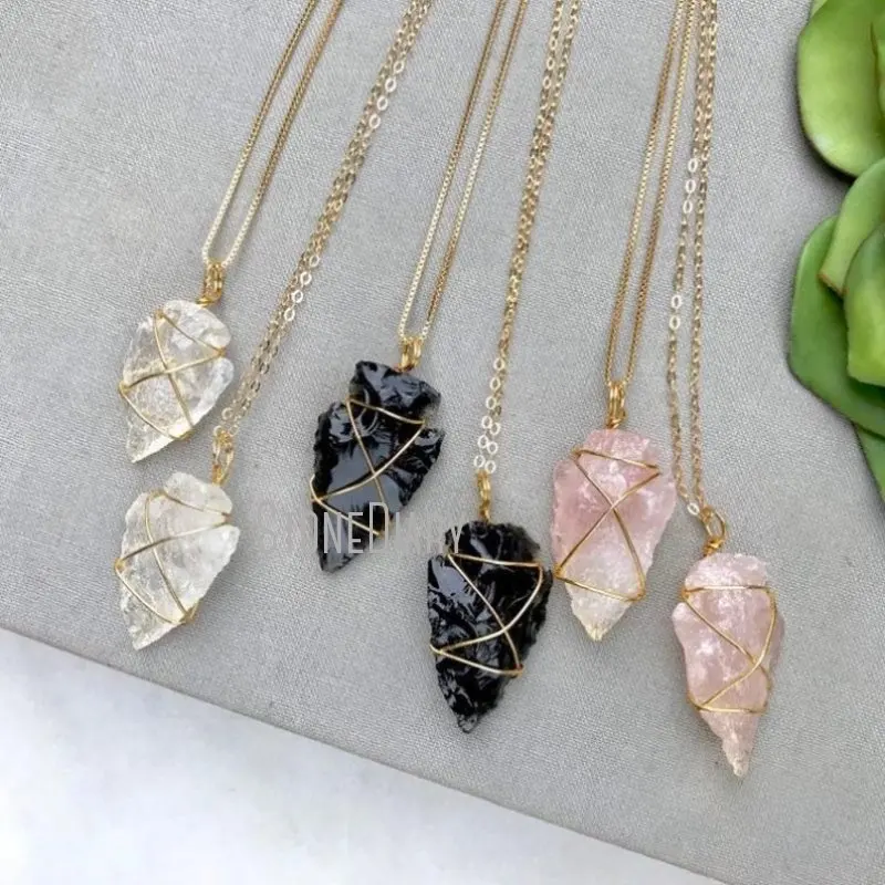 NM36596 Black Obsidian Rose Quartz Clear Crystal Arrowhead Arrow Head Pendant  Wire Wrapped Necklace