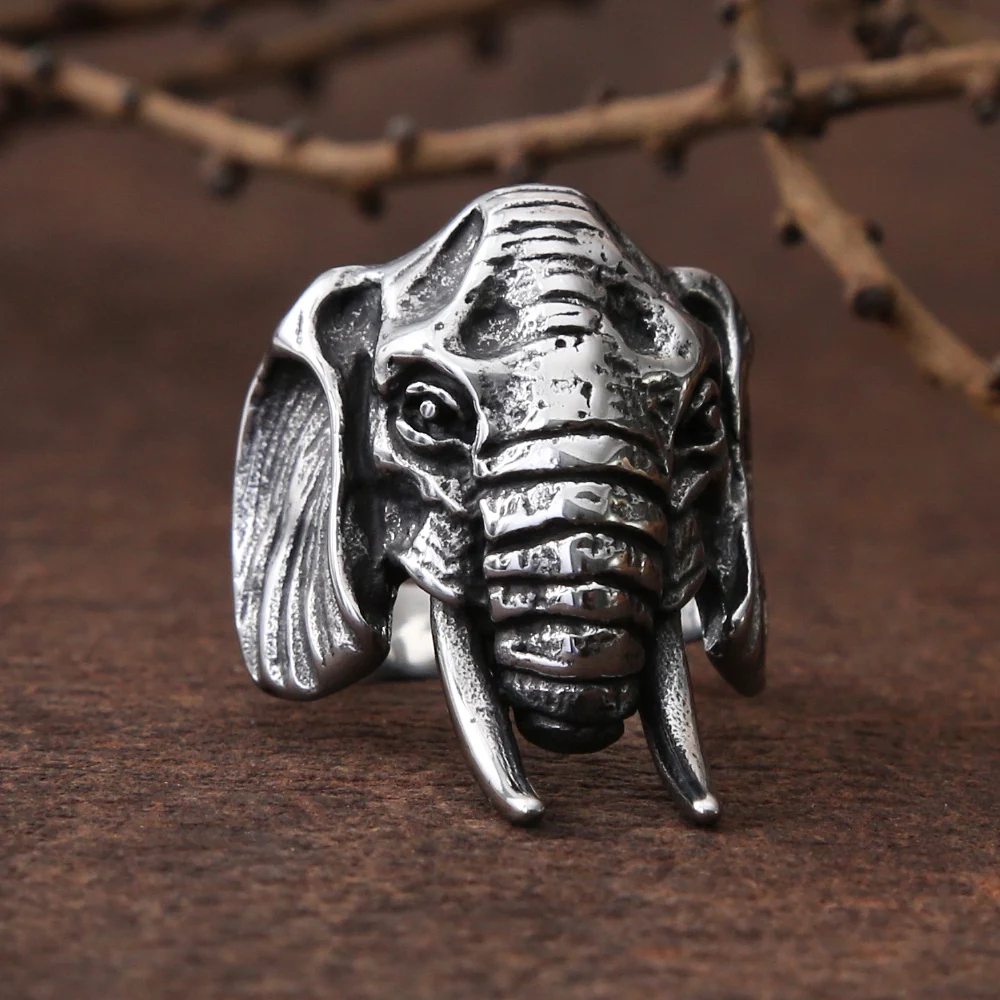 Unique Elephant Rings For Men Stainless Steel Biker Men\'s Ring Animal Elephant Head Ring Punk Fashion Jewelry Gift