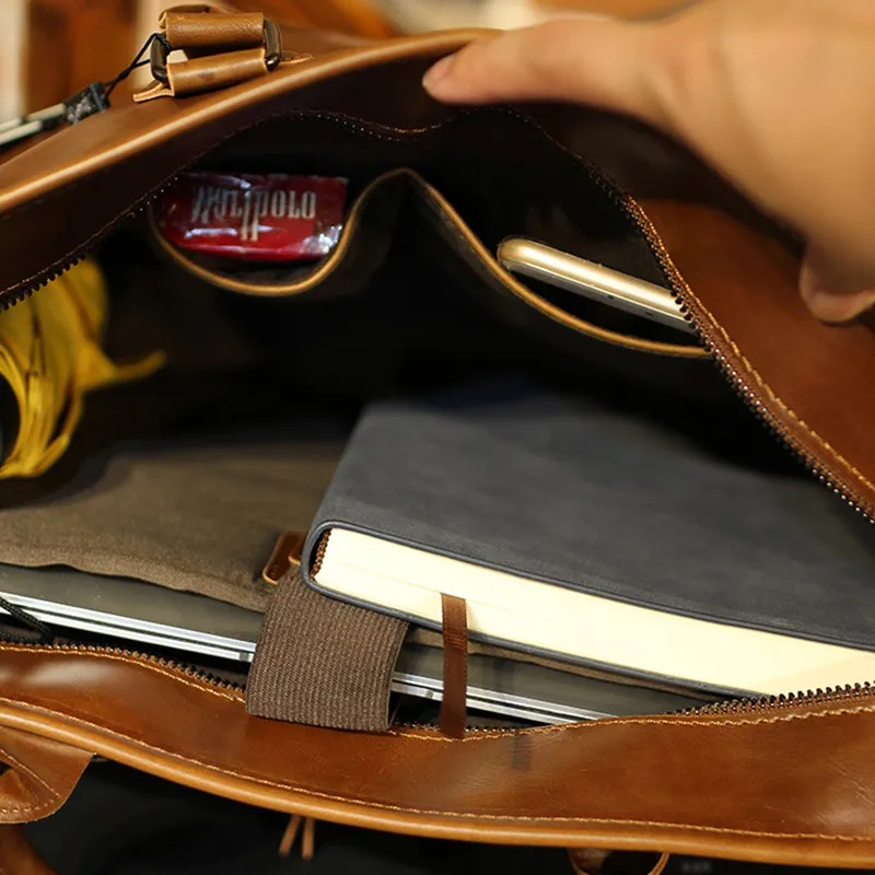 Men Vintage Briefcase handbag Crazy Horse Pu Leather 13inch Big Laptop Bags Business Brown Messenger Shoulder Bag Man