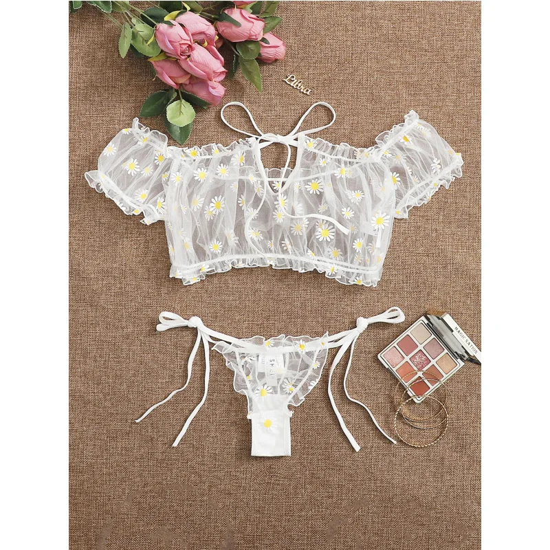 2Pcs Women Lingerie Suit Sexy Sheer Floral Print Off-Shoulder Perspective Mesh Crop Top Tie-Waist Thong-Panty for Date Night