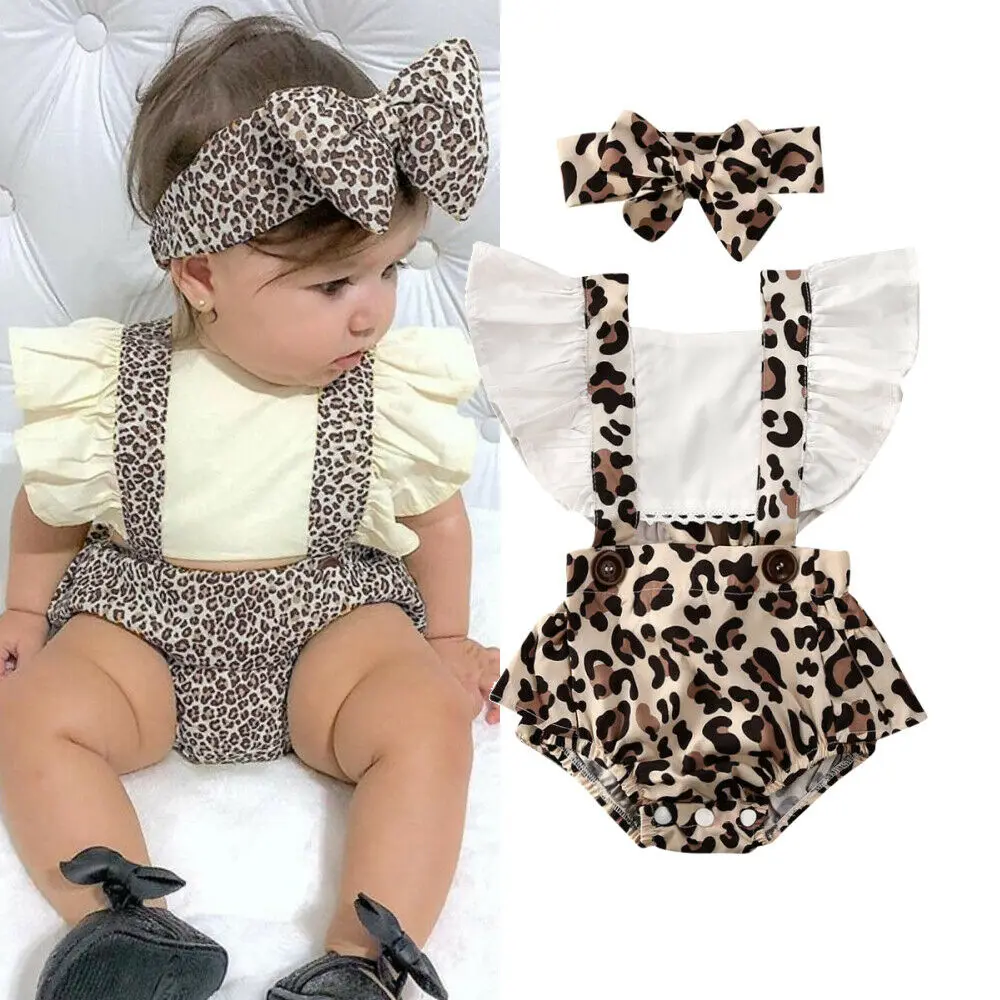 

Newborn Toddler Kid Baby Girls Clothes Puff Sleeve Bodysuit Leopard Headband Sunsuit Outfits Set Summer Casual Baby Clothing