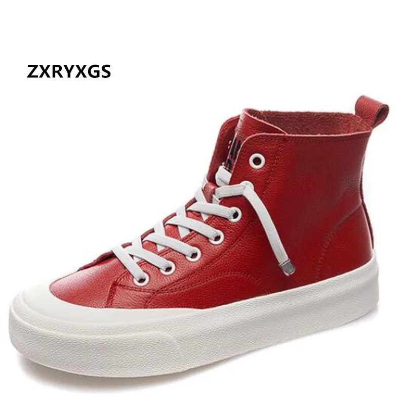 

ZXRYXGS 2024 High Quality Soft Cowhide Women's Vulcanize Shoes High-top Sneakers Flat Soft Sole Comfort Riding Boots Tide Shoes