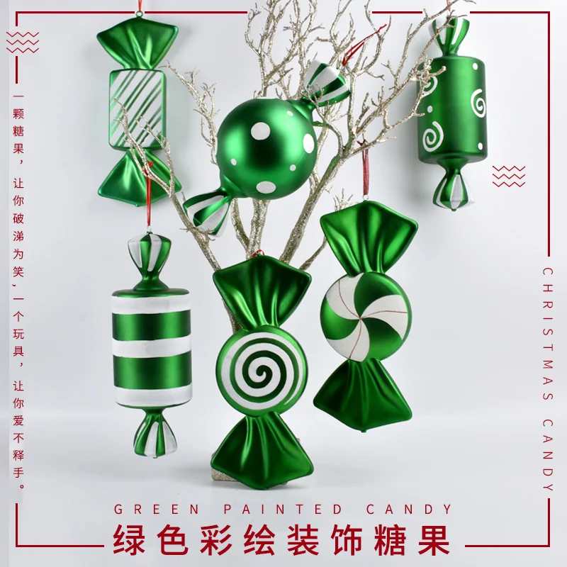

Festive decorations, green painted candy pendants, shopping malls, hotel photography scene layouts, plastic candy pendants