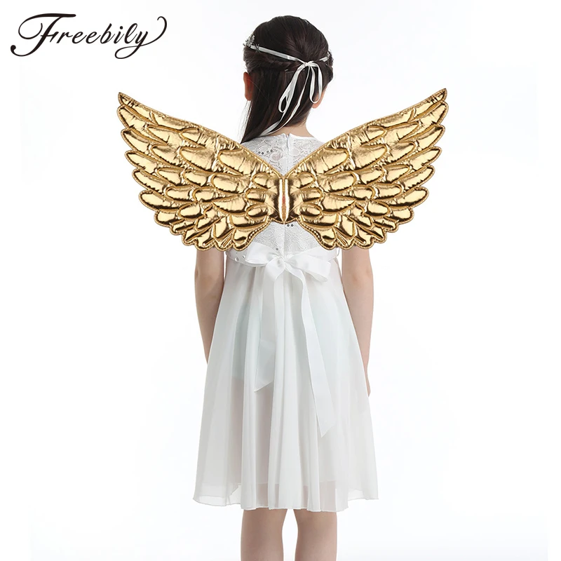 เด็ก Glossy Metallic ปีกสำหรับเด็กสาวเจ้าหญิง Fairy Angel Wings Masquerade ฮาโลวีนคอสเพลย์ปาร์ตี้เครื่องแต่งกายอุปกรณ์เสริม