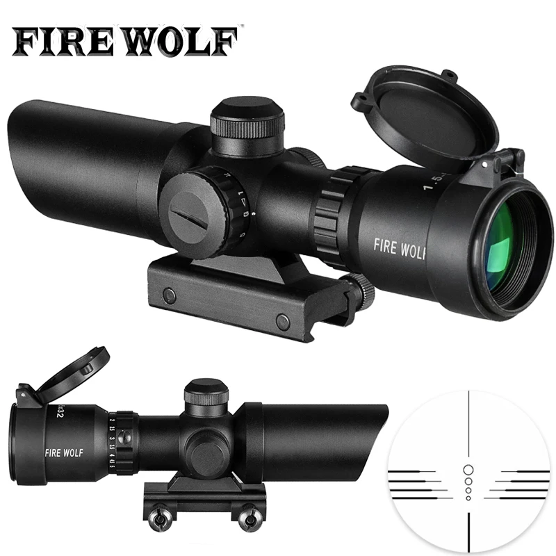 1.5-5X32 Short Scope Hunting Riflescope Red Dot Green Illuminated Optical Sight Rail 20mm Crossbows For Hunter Airsoft Weapons