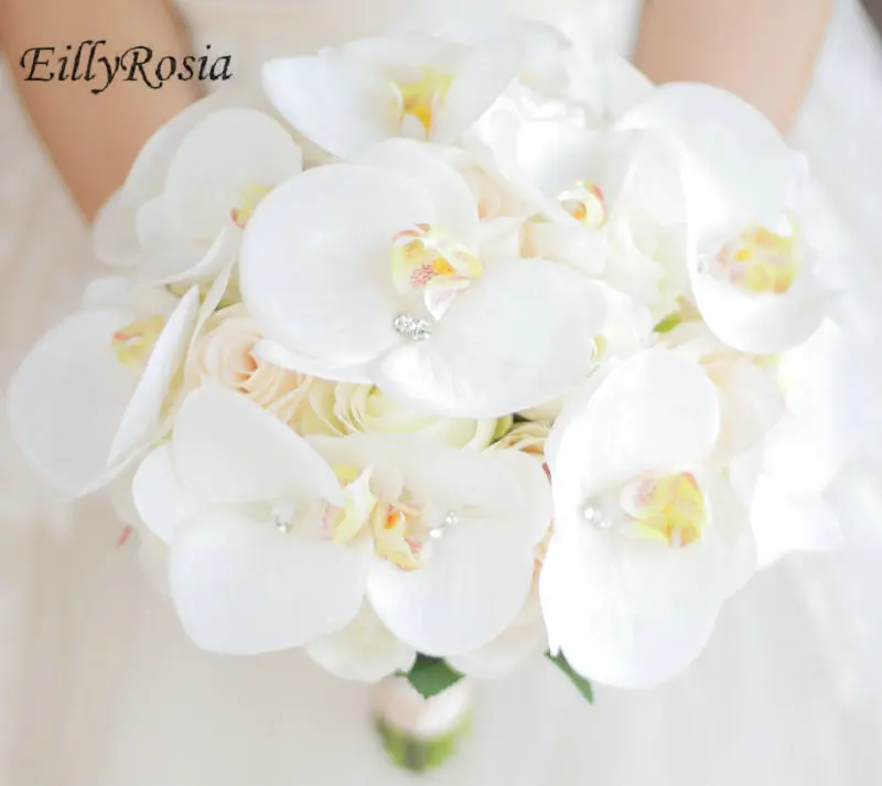 EillyRosia Korean Butterfly Orchid Bride Bouquet White High-end Simulation Flowes Pure Wedding Bouquet with Rhinestones Chic