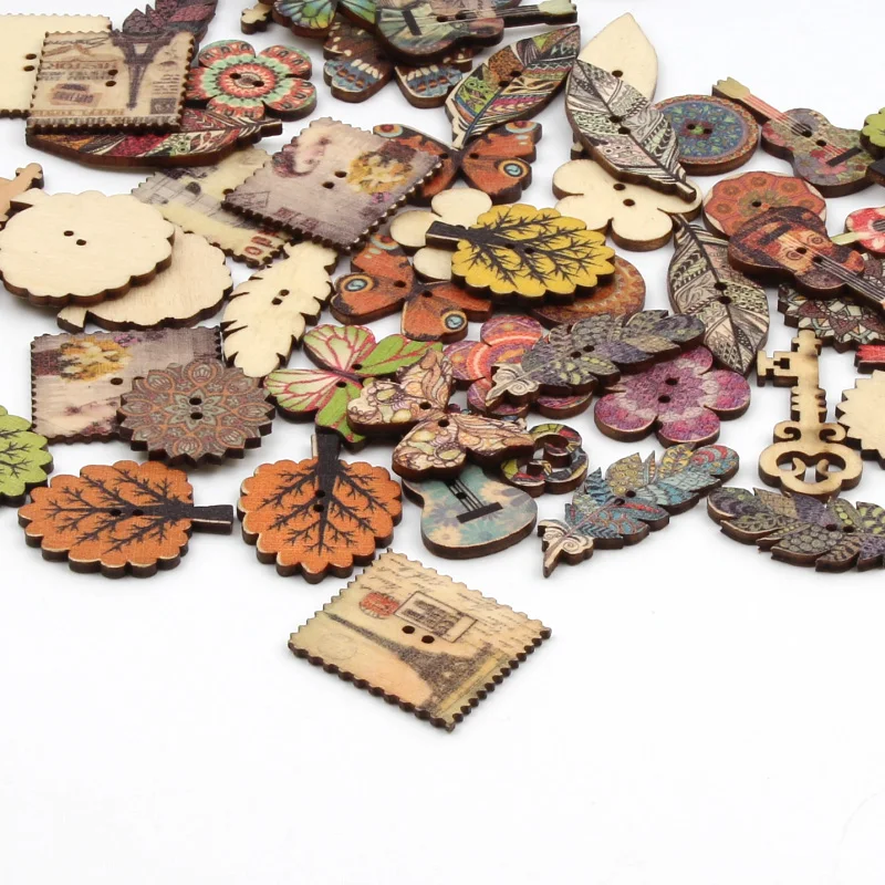 20pcs Mixed Retro Series Wooden Buttons For Clothing Sewing Decorative Needlework Scrapbooking Crafts DIY Accessories