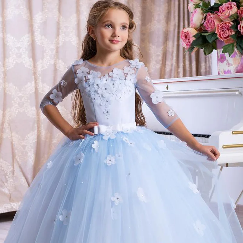 2024 Vintage Flower Girl Dresses Children Baptism Clothes With 3/4 Long Sleeves Ball Gowns Birthday Party Dress Pageant Dresses