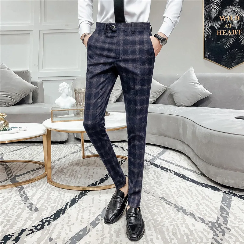 Office Streetwear Casual Trousers Pantalones Hombre Summer Classic Plaid Suit Pant British Style Men Formal Business Dress Pants