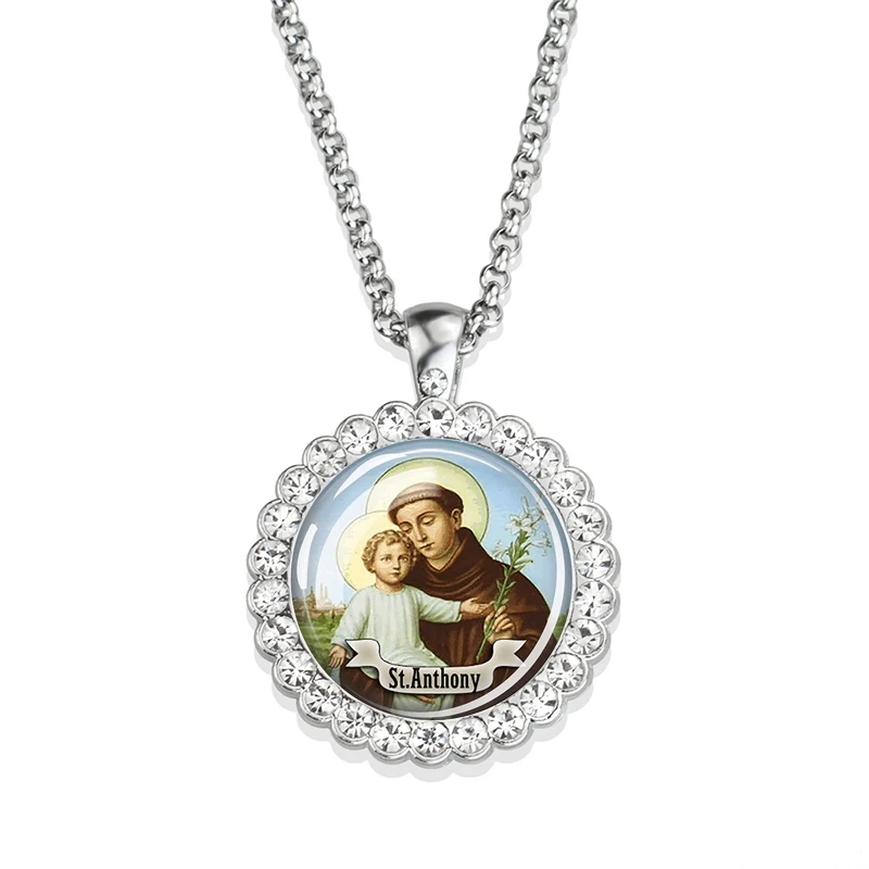 12 Christian Saint Necklace Cabochon Glass Rhinestone Pendant St Therese Francis Jude Paul Anthony Necklaces Religious Jewelry