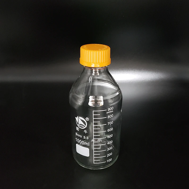 

SHUNIU Reagent bottle, With yellow screw cover, Borosilicate glass 3.3, Capacity 1000mL, Graduation Sample Vials Plastic Lid