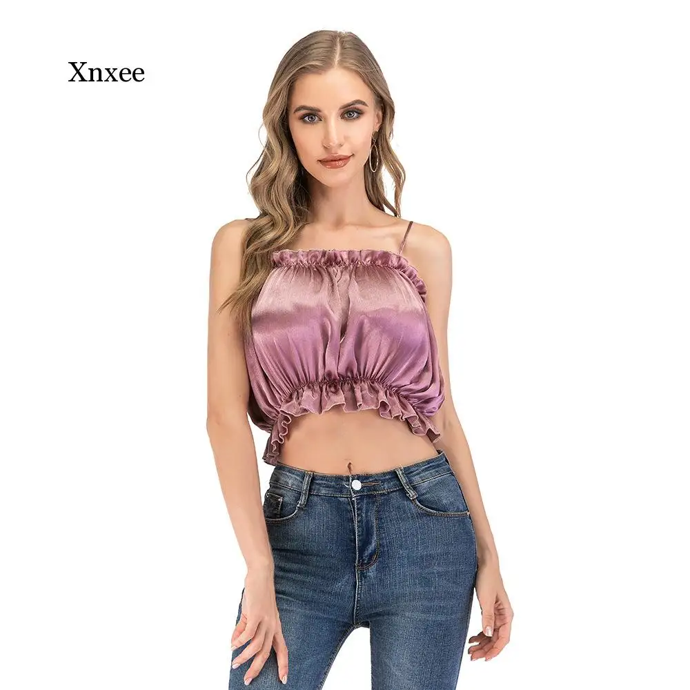 Sexy Summer Women's New Purple Red Chiffon Bra Beach Small Sling Casual Ruffle Short Cool Breathable Top T-Shirt Clothing