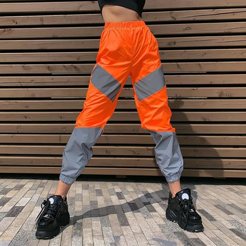 OMSJ-Calças Jogger Neon Reflexivas de Cintura Alta Feminina, Calças Cargo, Patchwork, Roupas de Streetwear, Flash, Soltas, Outono, Inverno, 2024