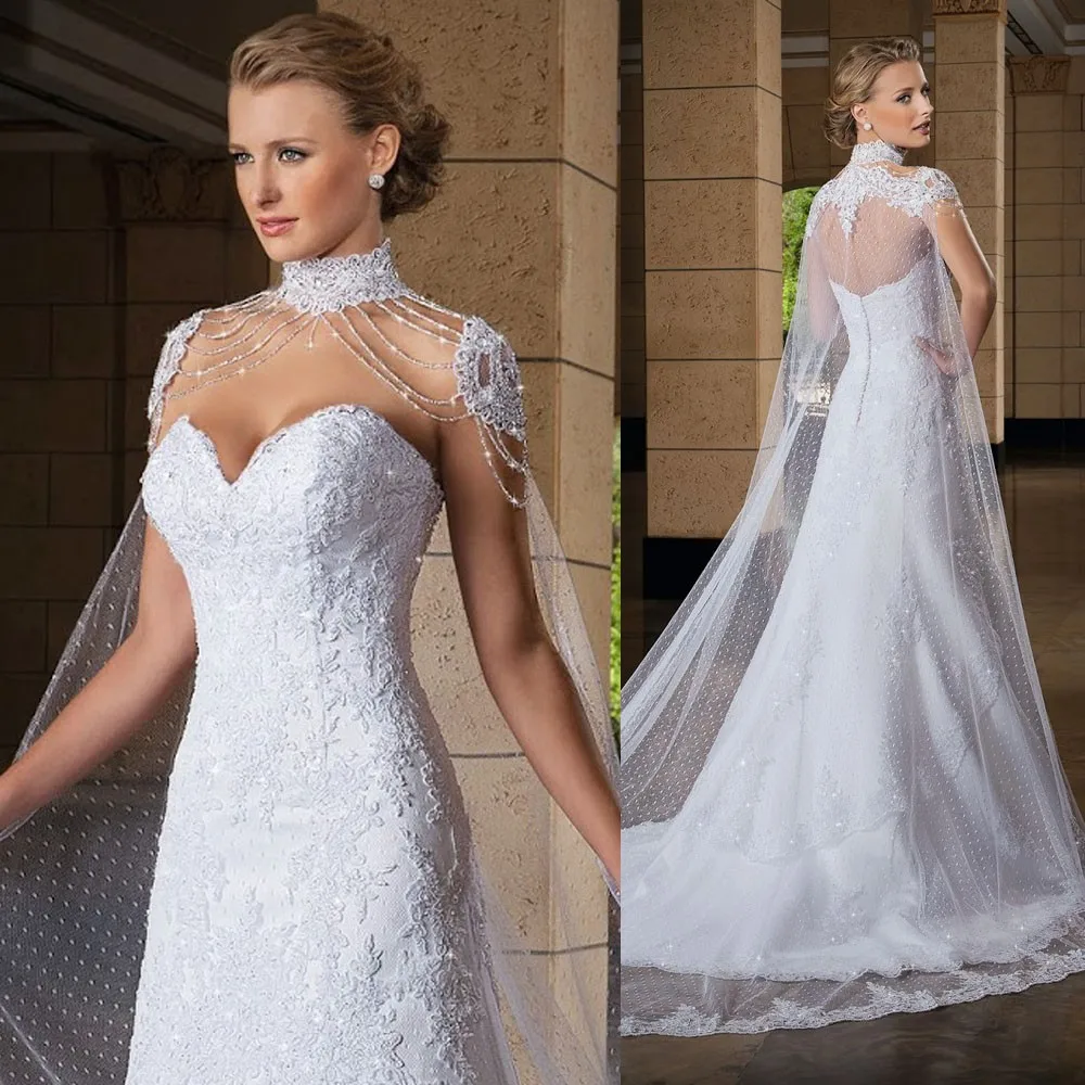 

2019 Royal Embellished Lace Bridal gown Wedding Dress with Shawl High Neck Beads vestido de noiva robe de mariee Marriage Women