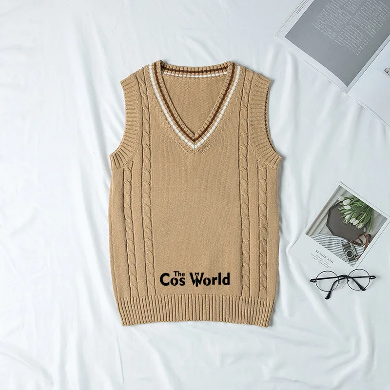 S-XXL Spring Autumn Khaki Sleeveless Knit Vests Pullovers V Neck Sweaters For JK School Uniform Student Clothes