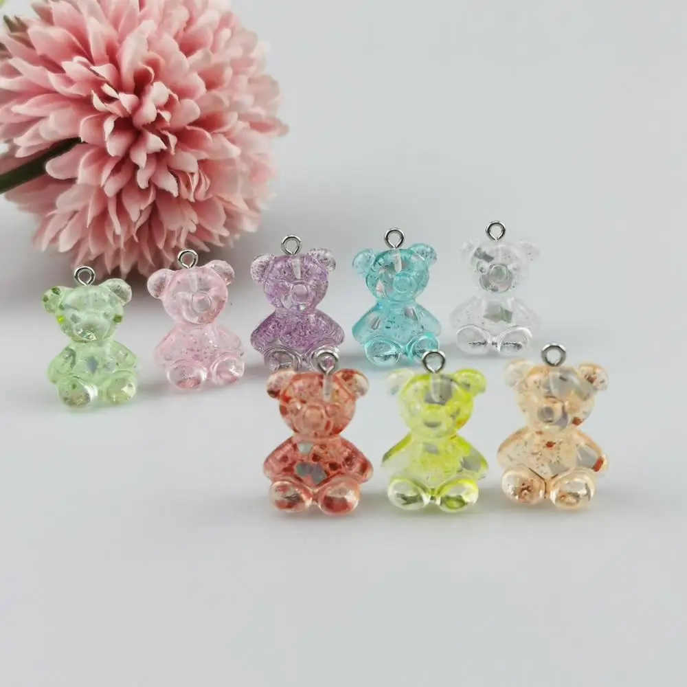 20Pcs 3D Glitter Gummy Bear Resin Charms Fit DIY Necklace Bracelet Earrings Jewelry Making Findings Cute Bears Pendants 17*25mm