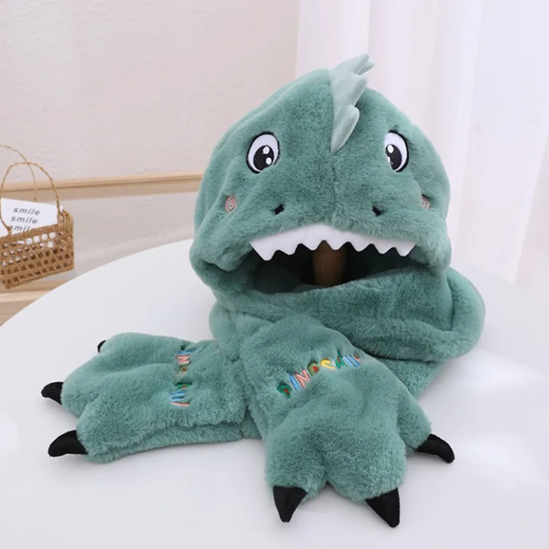 

Winter Hat, Scarf, Gloves, Skin-friendly, Soft and Warm, Cartoon Cute Little Dinosaur Three-piece Suit