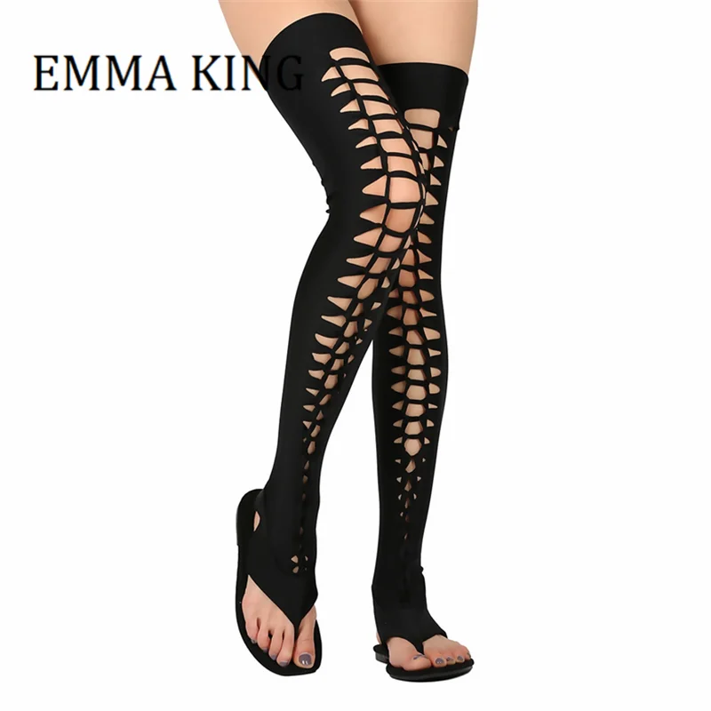 Black Lycra Thigh High Gladiator Sandals Women Long Strap Thigh High Flat Sandals Stretch Open Toe Over The Knee Boot For Women