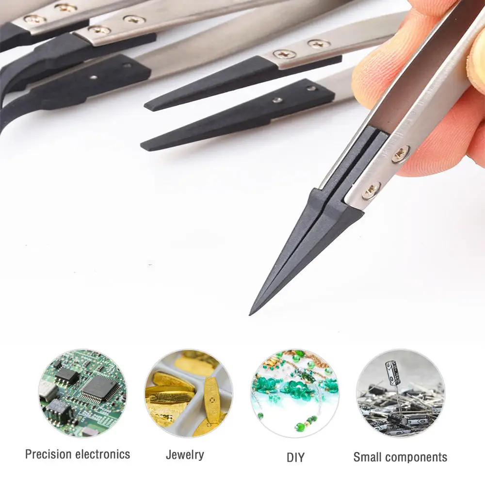 1pcs High Quality ESD Anti-Static Tweezers With Replaceable Tips Full Stainless Steel Body Carbon Fiber Conductive Plastic