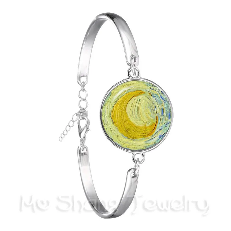 Starry Night Bracelet Van Gogh Art Picture 18mm Glass Cabochon Silver Plated Chain Bangle Fashion Trendy Jewelry For Women Gift