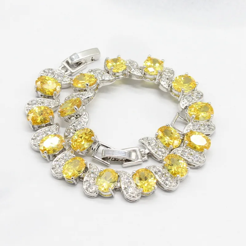 Geometric Yellow Cubic Zircnoia Silver Color Jewelry Sets For Women Bracelet Earrings Necklace Pendant Rings Gift Box