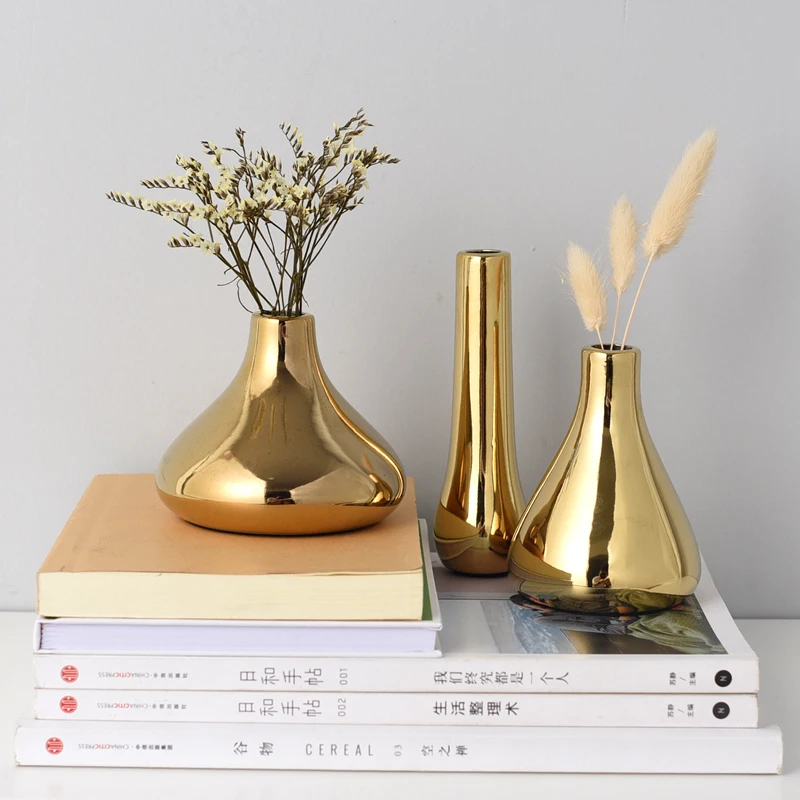 

Nordic Home Office Desktop Decoration Light Luxury Plated Gold Vase Dried Flower Vase Ceramic Flower Vase Modern Mini Vase vazen