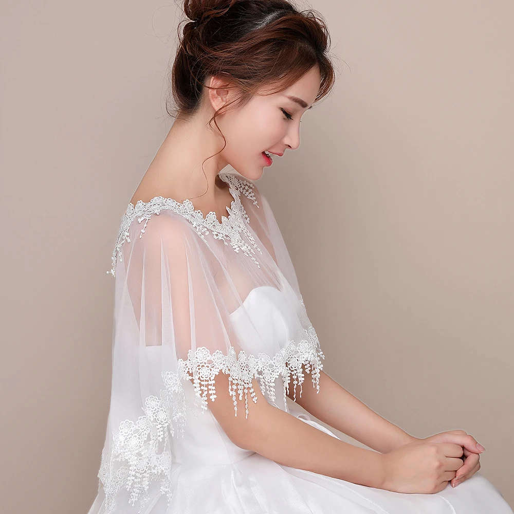 Mulheres marfim borla casamento nupcial capa o pescoço tamanho livre elegante sheer tule formal capa borda do laço baile de formatura xale acessório